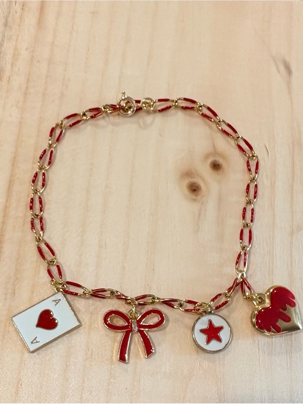 Gold-Tone Red Enamel Charm Bracelet with Bow, Star, Heart and Card Charms